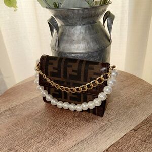 VINTAGE Fendi Zucca Tri-fold Wallet / Micro Bag with Pearl Handle Designer